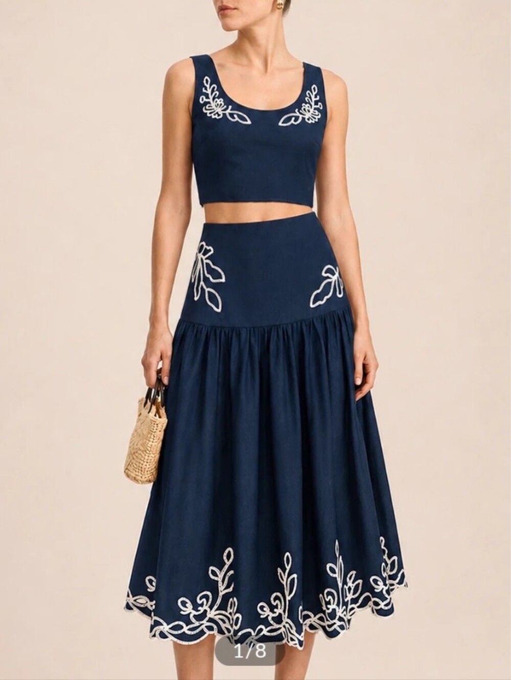 Embroidered Navy Blue Midi Skirt Set - Picture 2 of 11